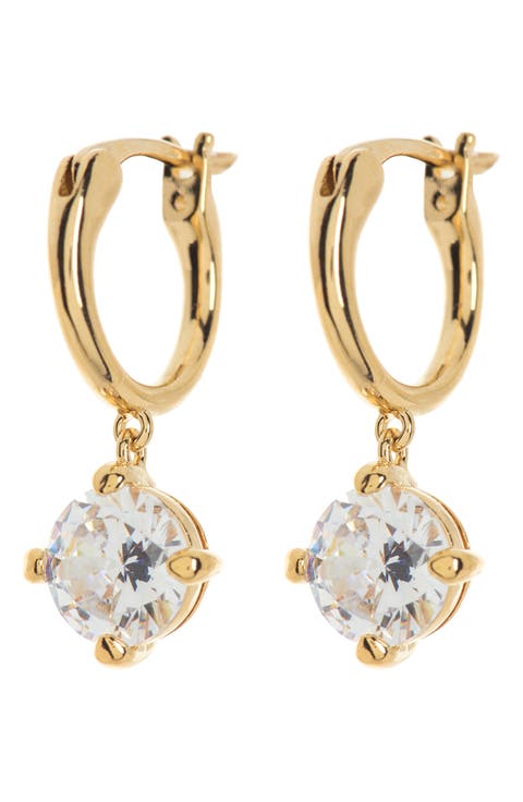 18K Gold Plated Round CZ Drop Huggie Hoop Earrings