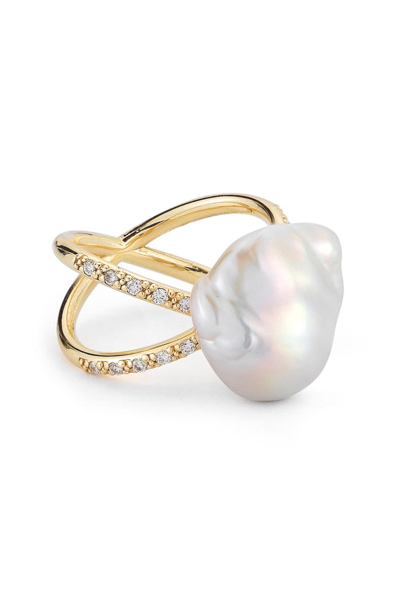 Pearl & Diamond Crossover Ring, Main, color, YELLOW GOLD/ WHITE PEARL