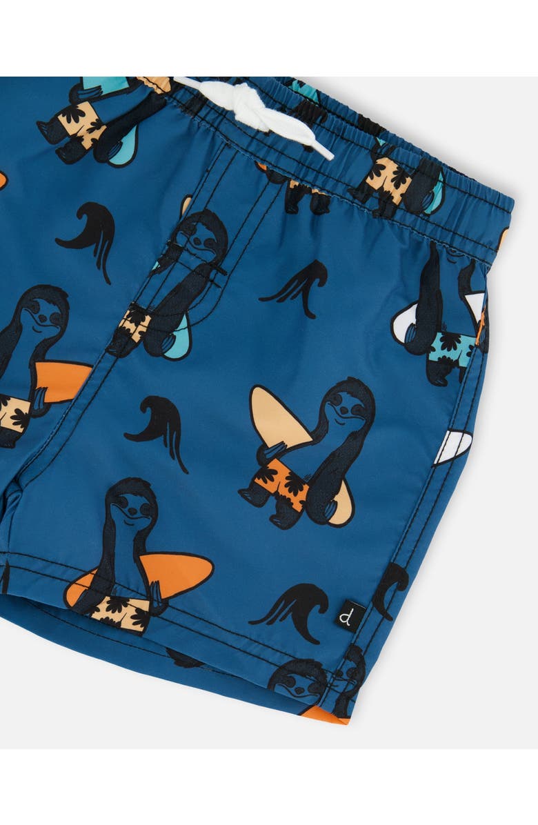 Deux par Deux Boy's Printed Swim Trunks Orange Sloths On Navy Blue, Alternate, color, 