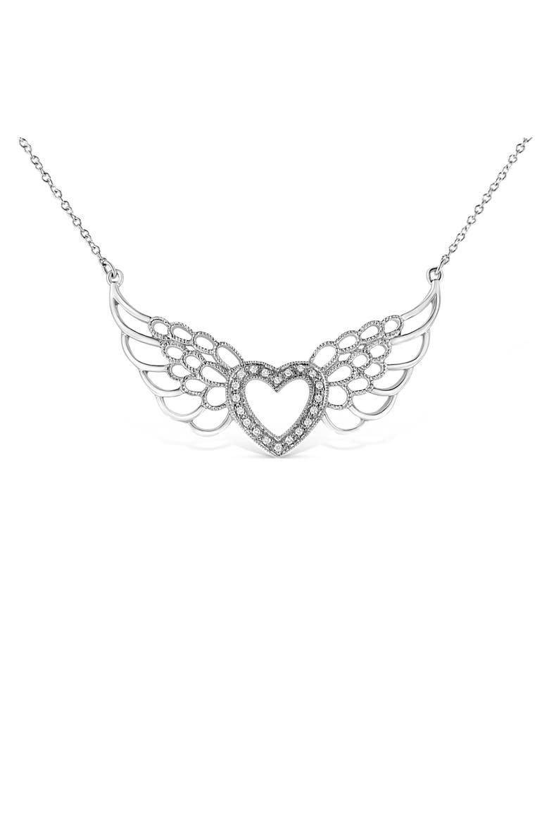 .925 Sterling Silver Pave-Set Diamond Accent Fairy Wing Heart Pendant Necklace, Main, color, White
