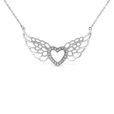 .925 Sterling Silver Pave-Set Diamond Accent Fairy Wing Heart Pendant Necklace