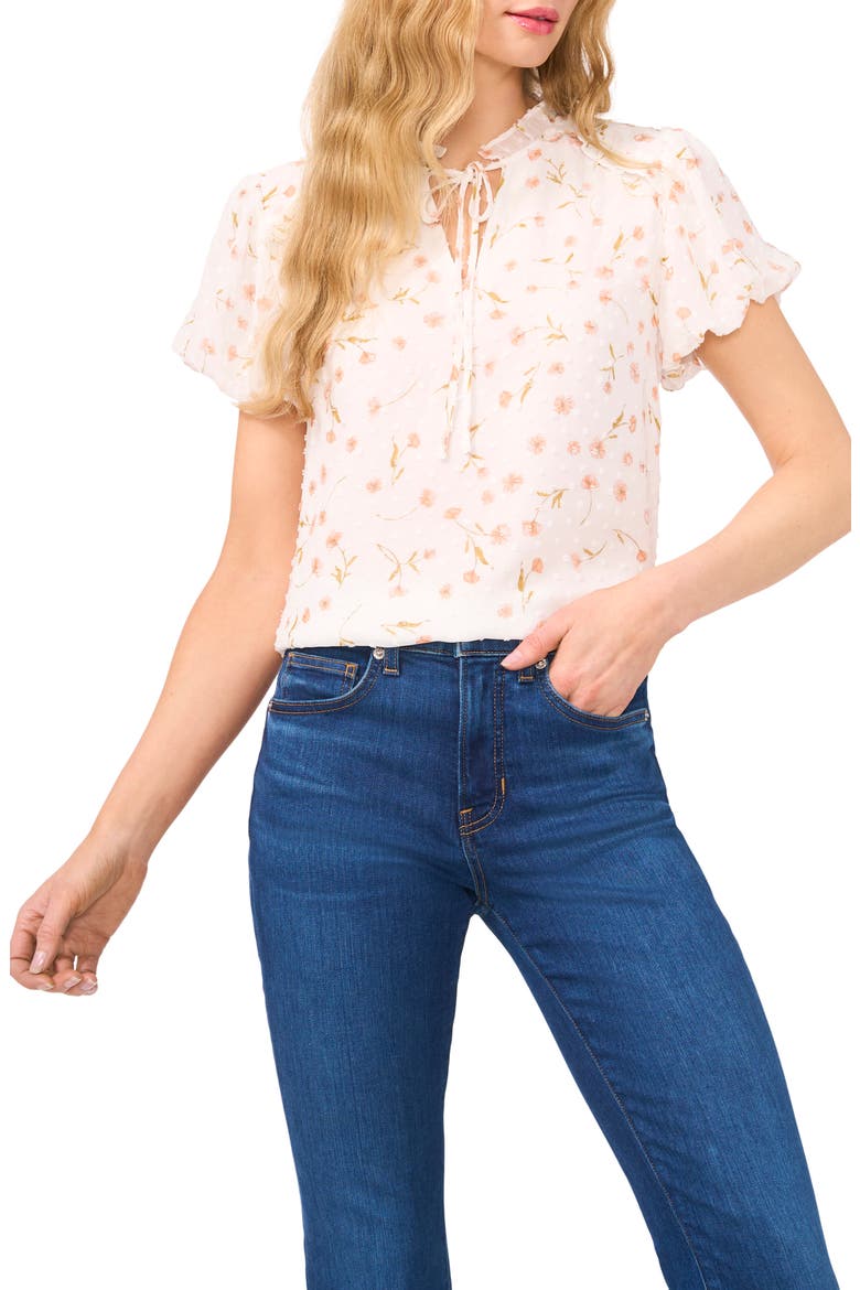 Floral Bubble Sleeve Clip Dot Top, Main, color, NEW IVORY