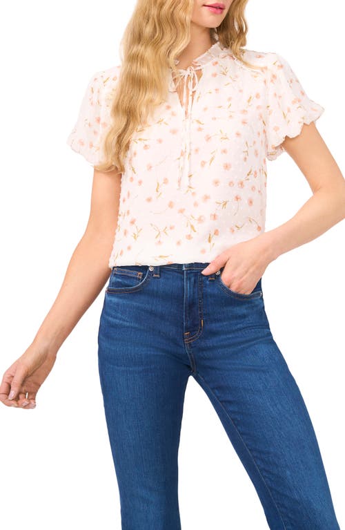 Cece Floral Bubble Sleeve Clip Dot Top In New Ivory