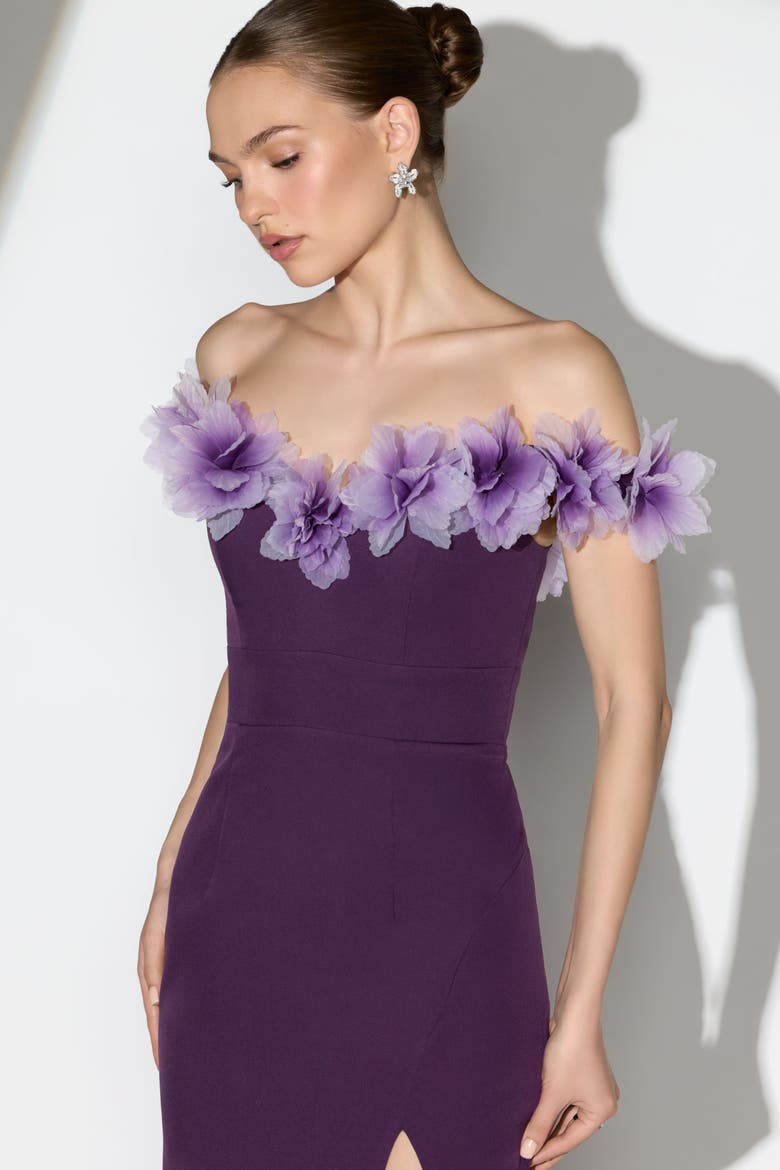 Off The Shoulder Column Gown With 3D Flowers, Alternate, color, Plum