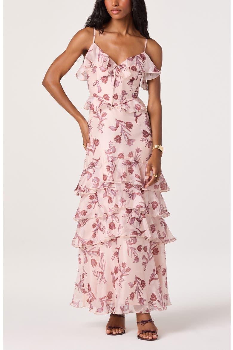 Emiliana Floral Tiered Ruffle Cold Shoulder Maxi Dress, Main, color, SOFT PINK FLORAL