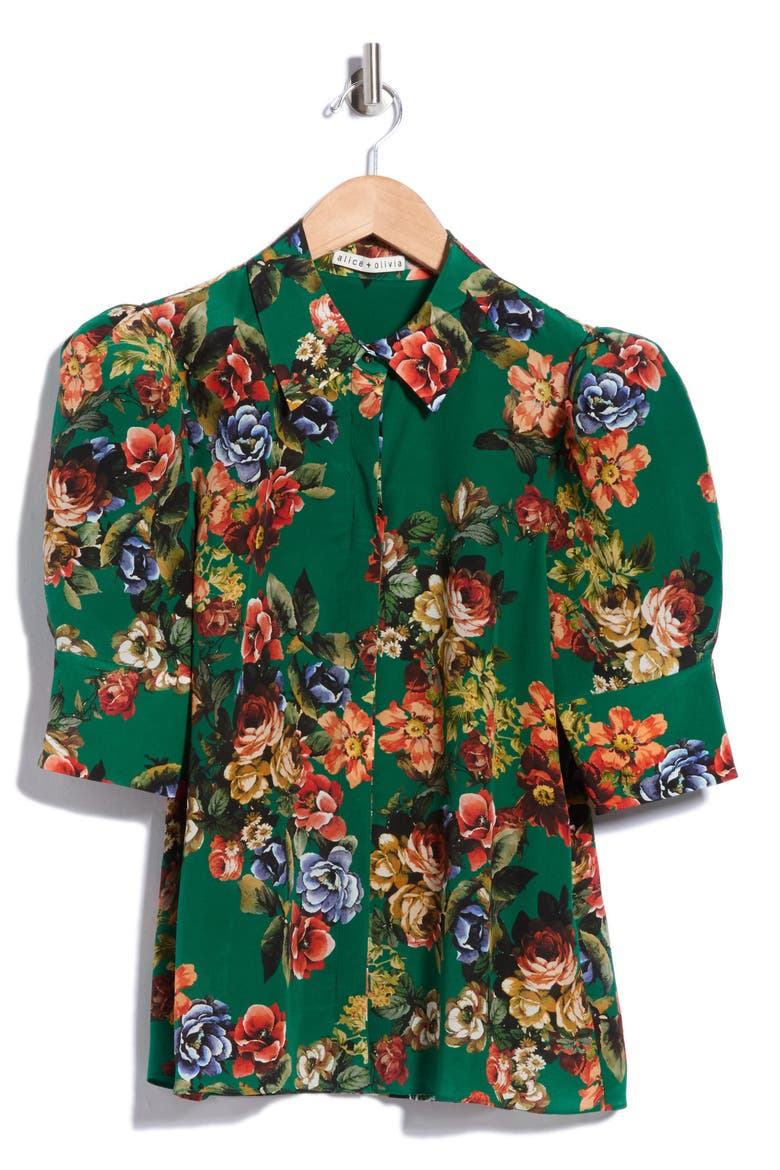 Willa Scrunched Sleeve Silk Top, Main, color, CLOUD DANCER DARK TEAL