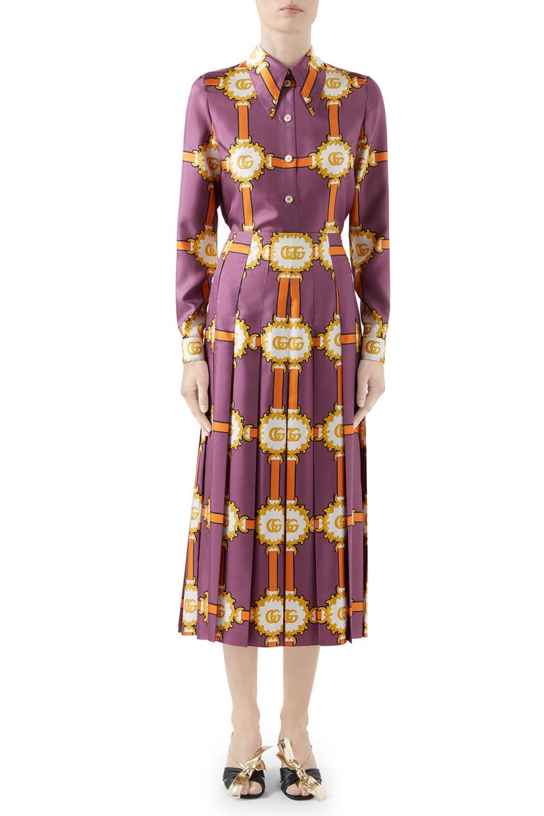 GG Doubloon Harness Print Silk Twill Blouse, Alternate, color, VIOLET/ ORANGE PRINT