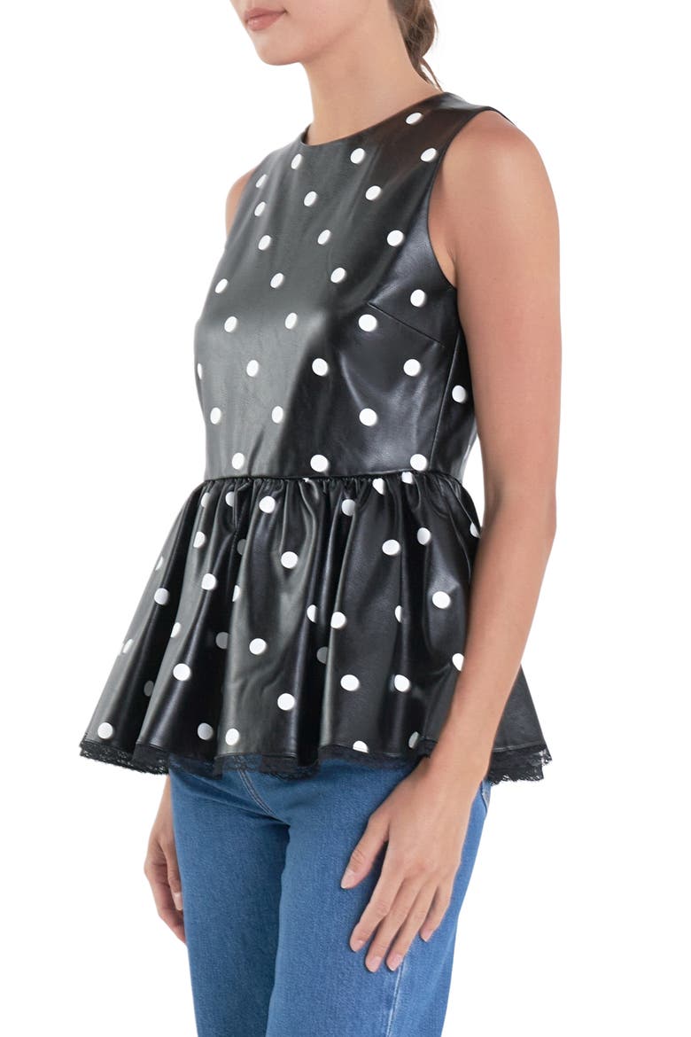 Polka Dot Peplum Sleeveless Faux Leather Top, Alternate, color, BLACK/WHITE