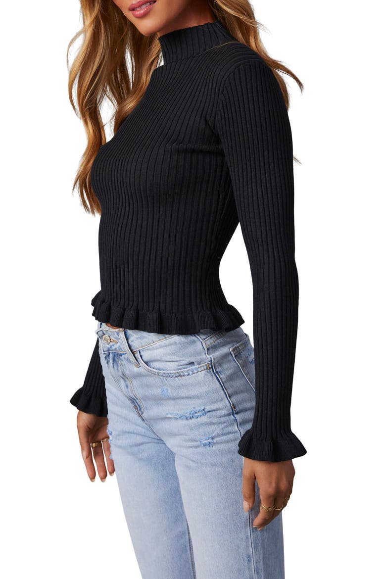 Bevelle Rib Ruffle Accent Mock Neck Sweater, Alternate, color, BLACK