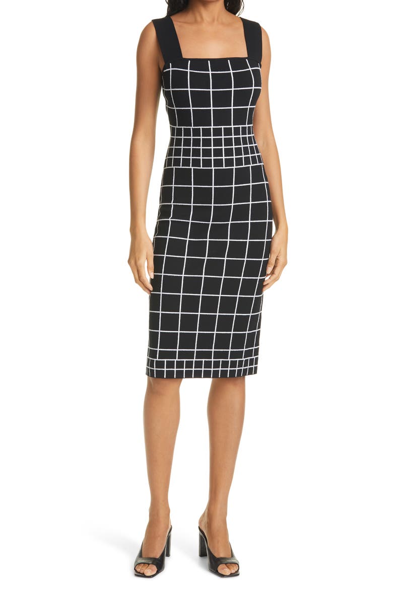 Windowpane Jacquard Column Dress, Main, color, BLACK/WHITE