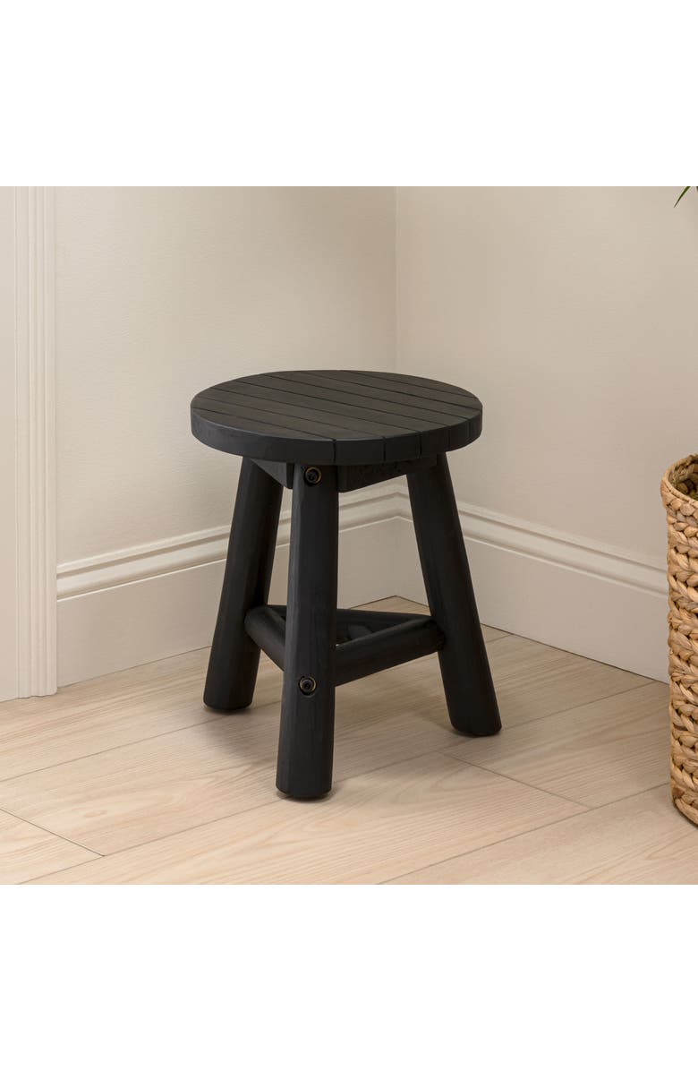 JONATHAN Y Triform Modern Minimalist Handcrafted Solid Teak Wood Accent Stool with Tri-Leg Base, Alternate, color, Black