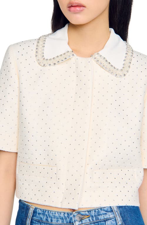 Sandro Short-sleeved Rhinestone Jacket In Ecru