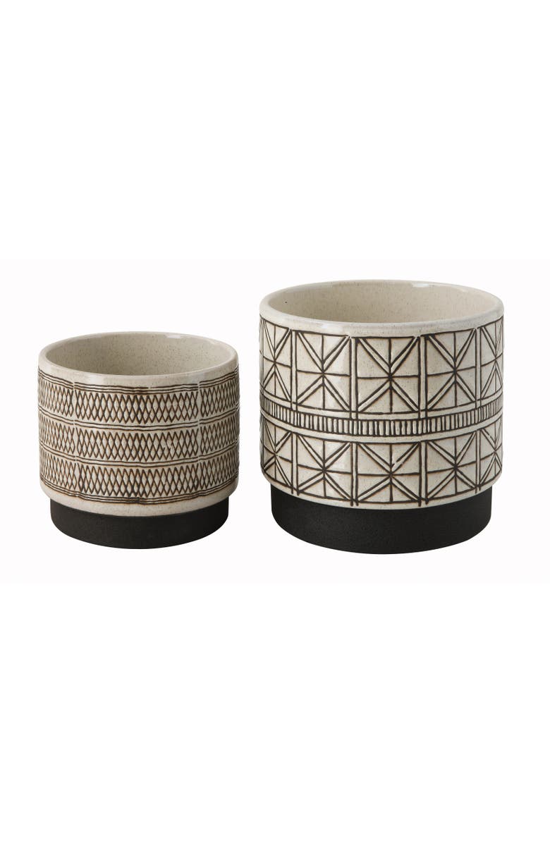 Storied Home Various Round Decorative Stoneware Planters with Geometric Lines, Set of 2, Main, color, 