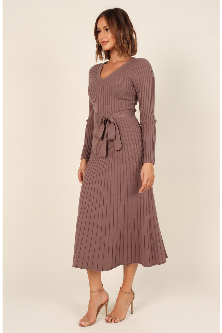 Reigan Tie Waist Long Sleeve Rib Midi Dress, Alternate, color, MOCHA