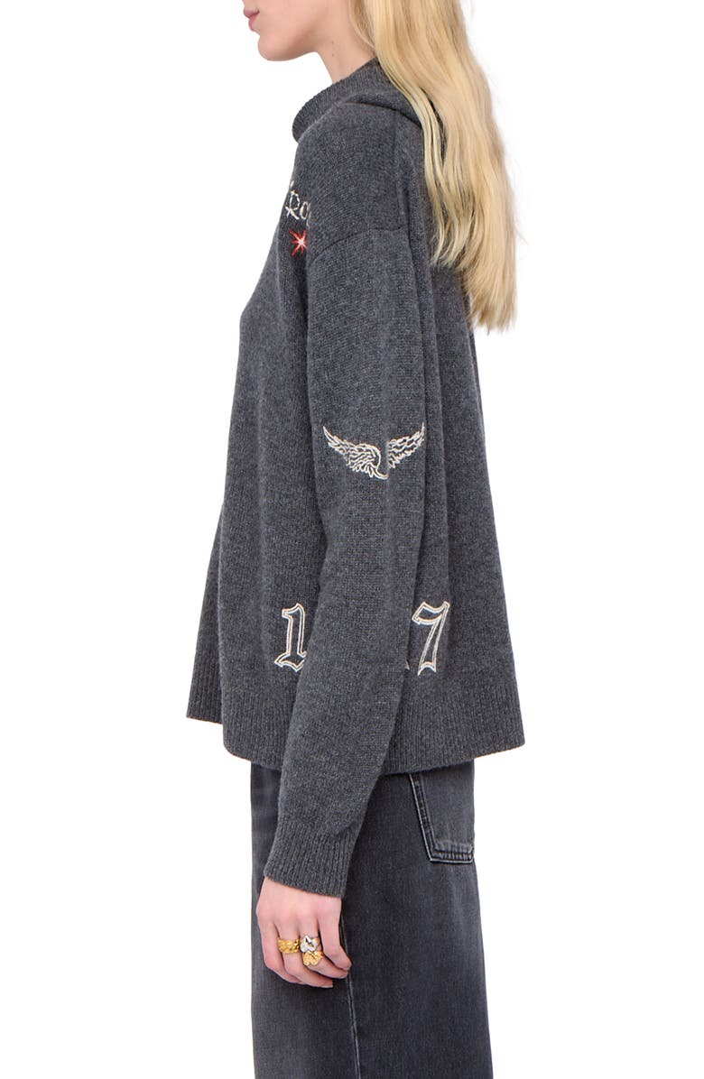 Zadig & Voltaire Markyz Embroidered Cashmere Hoodie, Alternate, color, Charcoal
