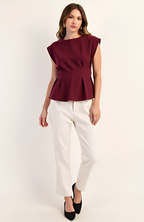 Modenaire Cap Sleeve Peplum Top With Structured Pleats And Round Neck In Burgundy