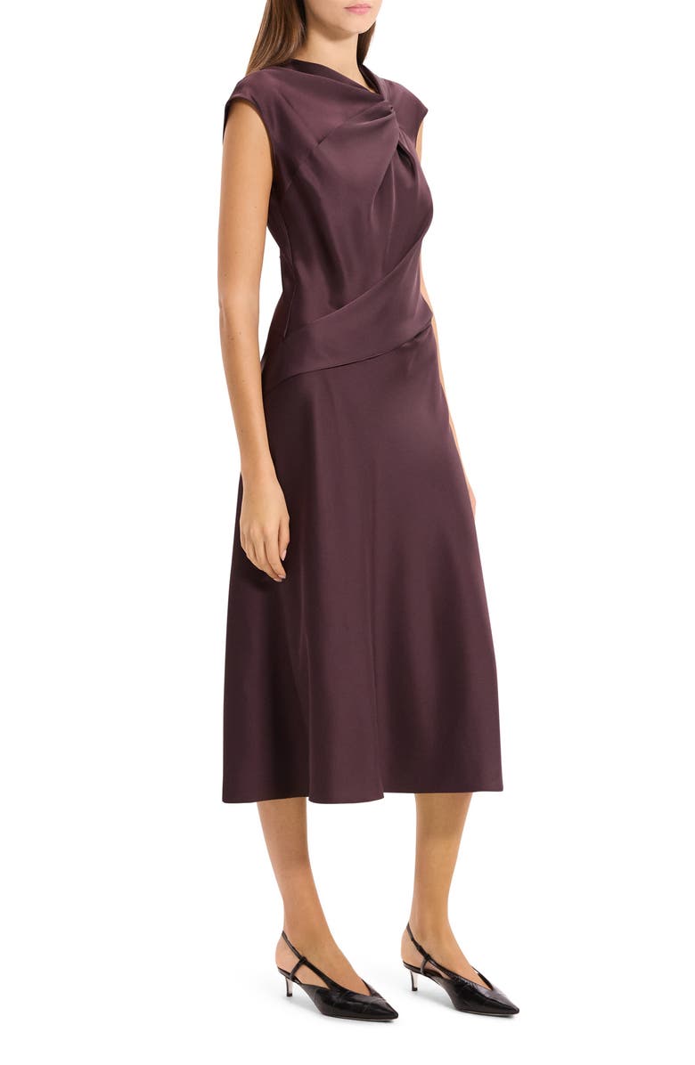 Theory Twist Bodice Satin Midi Dress, Alternate, color, Deep Plum