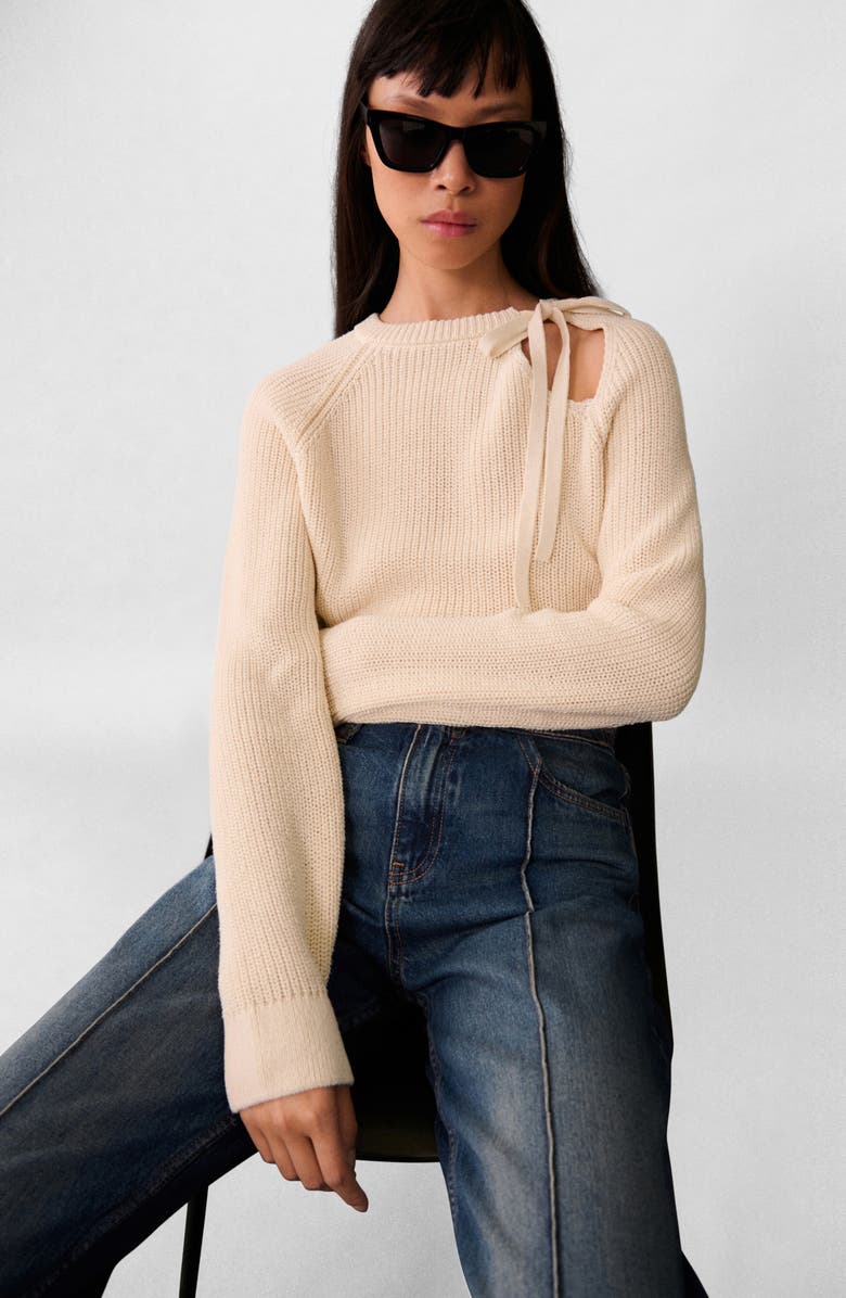 MANGO Tie Neck Cutout Sweater, Alternate, color, 