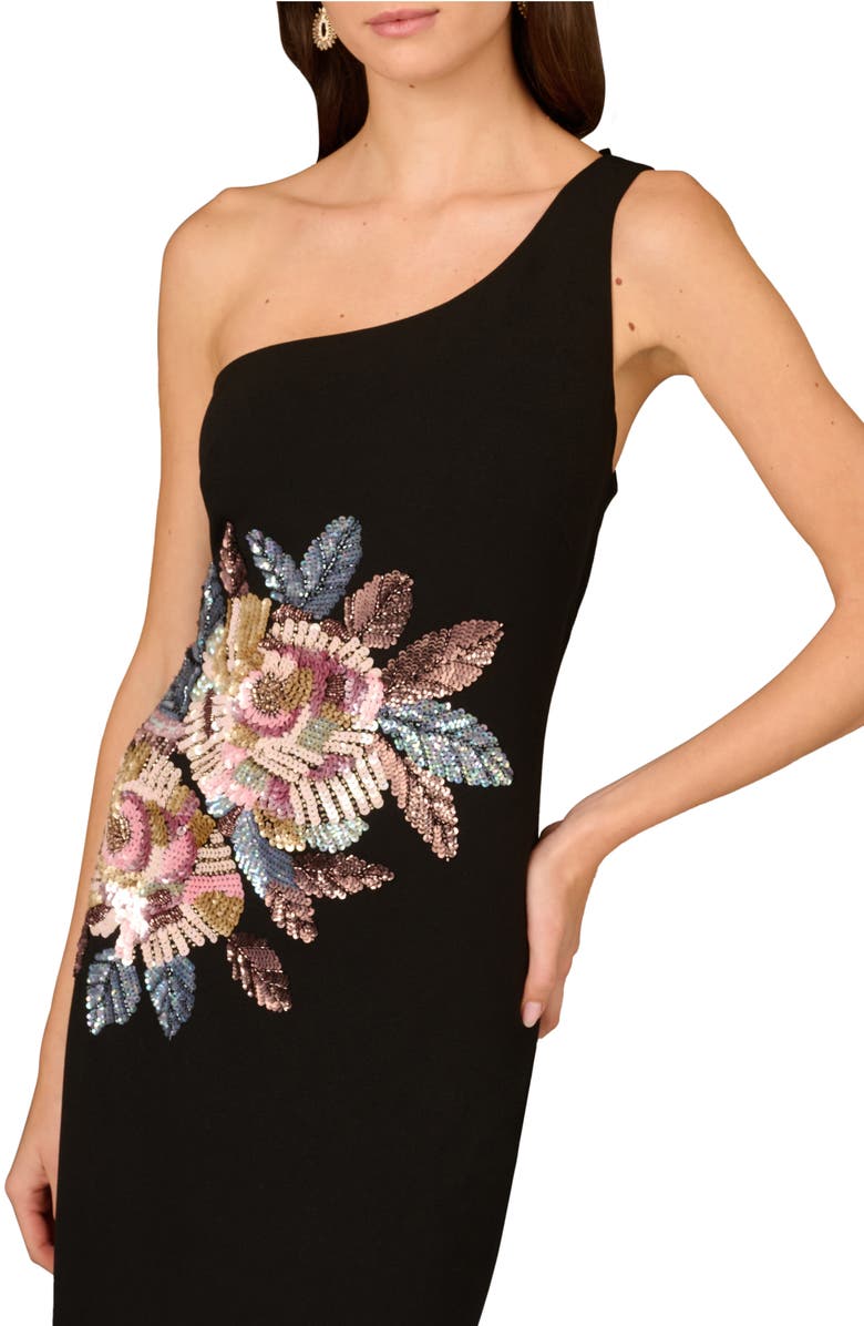 Aidan Mattox by Adrianna Papell Beaded Floral Detail One-Shoulder Column Gown, Alternate, color, Black