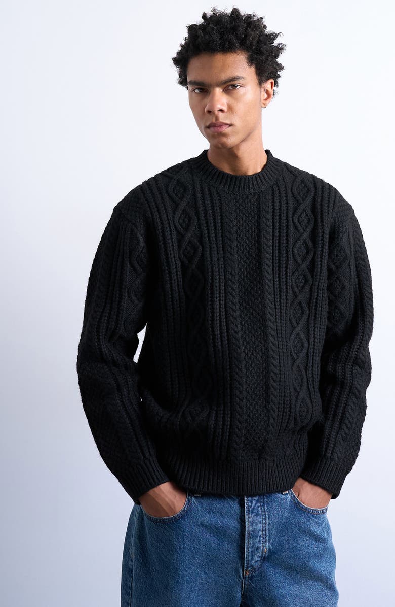 Topman Chunky Cable Sweater, Main, color, Black