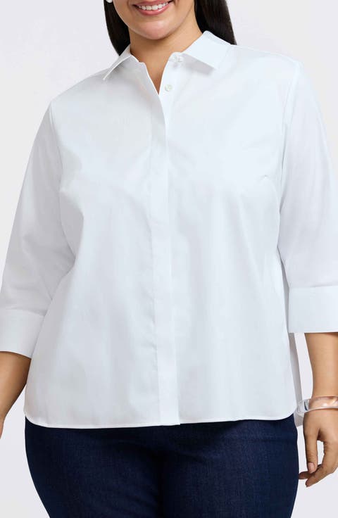 Pearly Cotton Blend Button-Up Shirt (Plus)