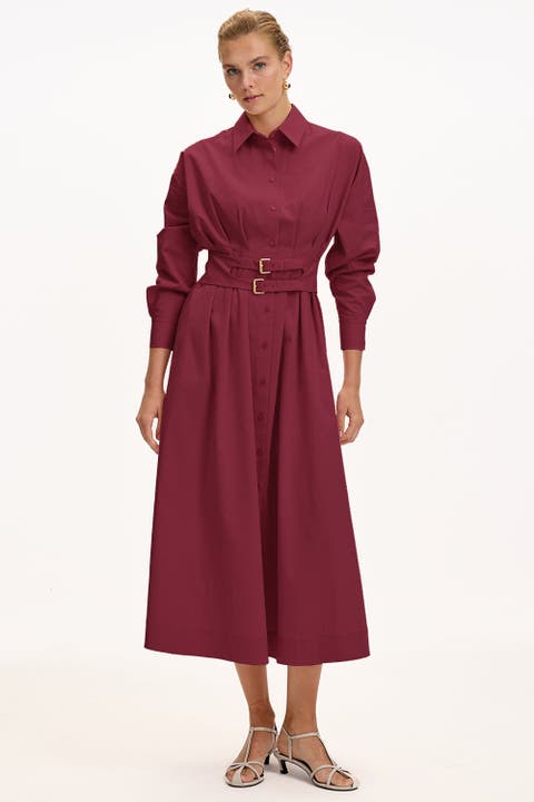 Belted Fitted Waist Midi Shirt Dress
