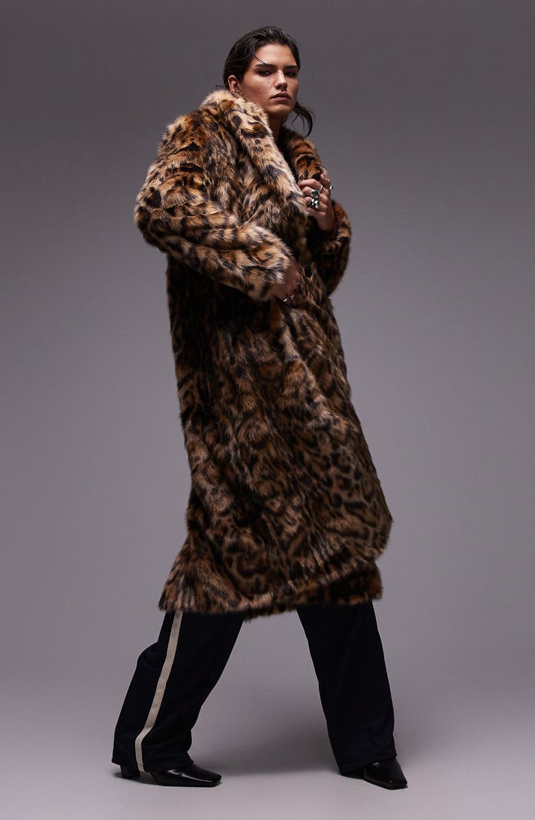 Topshop Leopard Faux Fur Longline Coat, Alternate, color, 