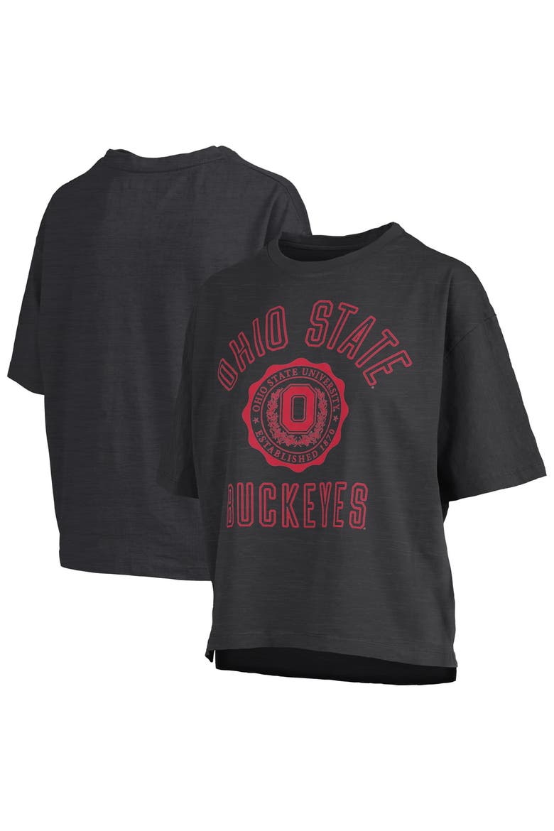 Women's Pressbox Black Ohio State Buckeyes Motley Crew Bishop Waist Length Oversized Slub T-Shirt, Main, color, Black