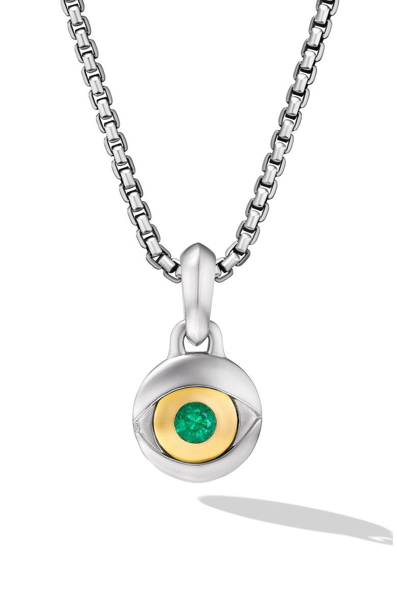 Evil Eye Amulet in Sterling Silver with 18K Yellow Gold & Emerald, Main, color, STERLING SILVER AND 18K GOLD