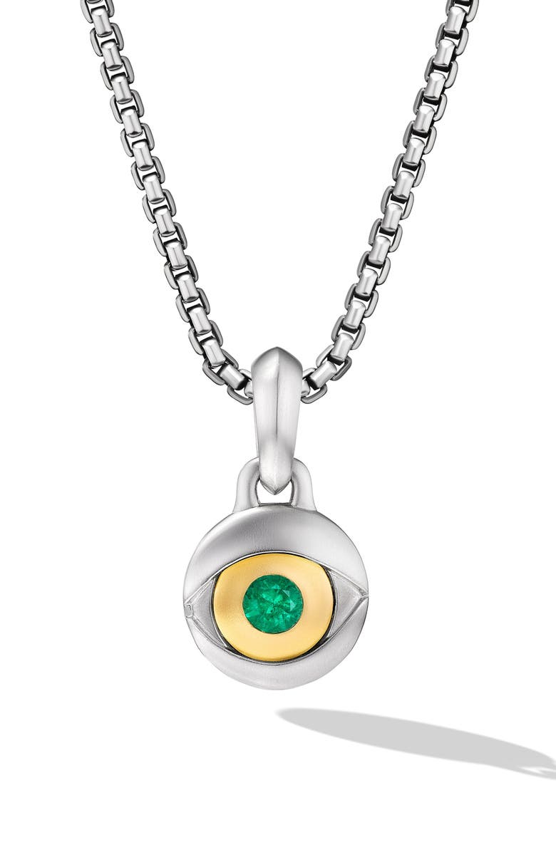 David Yurman Evil Eye Amulet in Sterling Silver with 18K Yellow Gold & Emerald, Main, color, Sterling Silver And 18K Gold