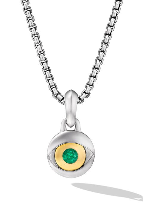 Evil Eye Amulet in Sterling Silver with 18K Yellow Gold & Emerald