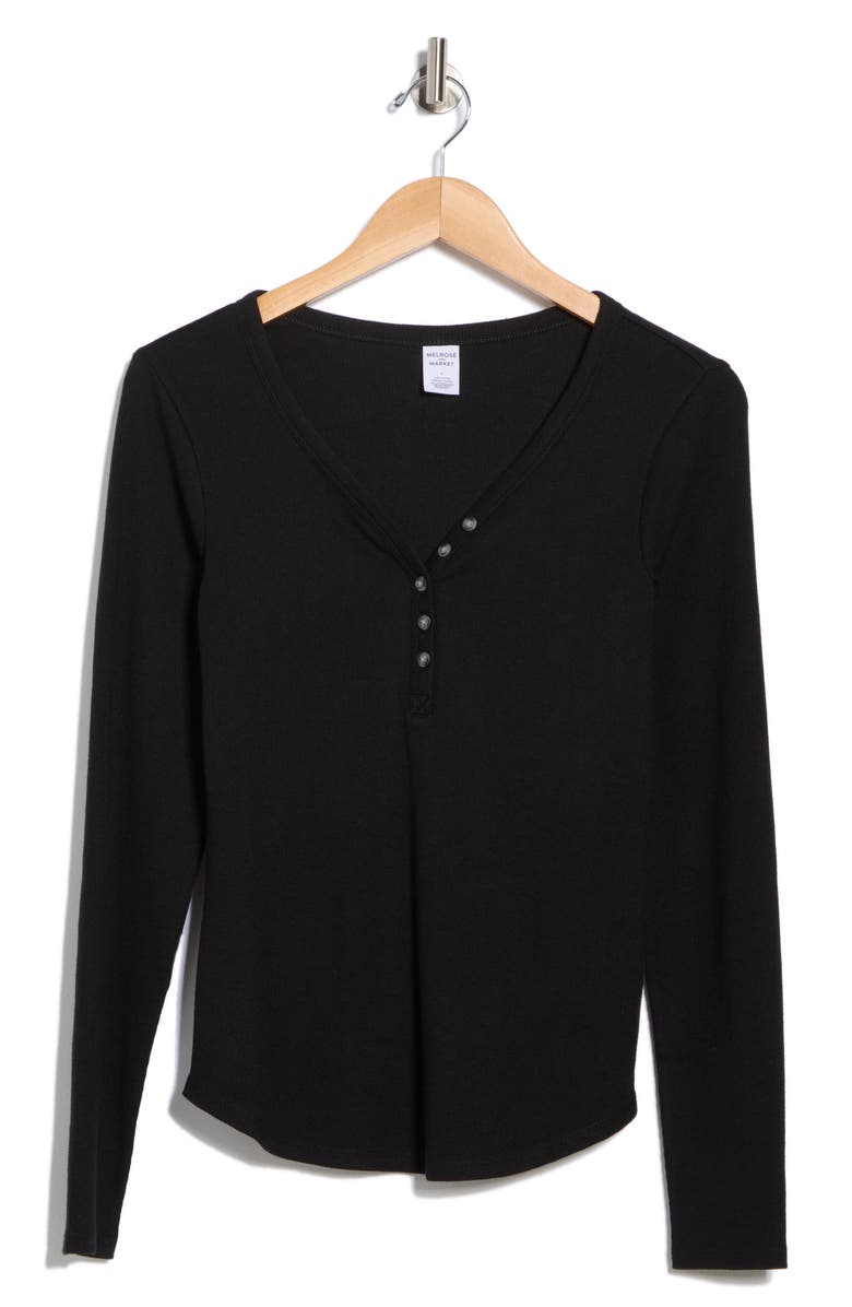 Melrose and Market Long Sleeve Henley, Alternate, color, Black