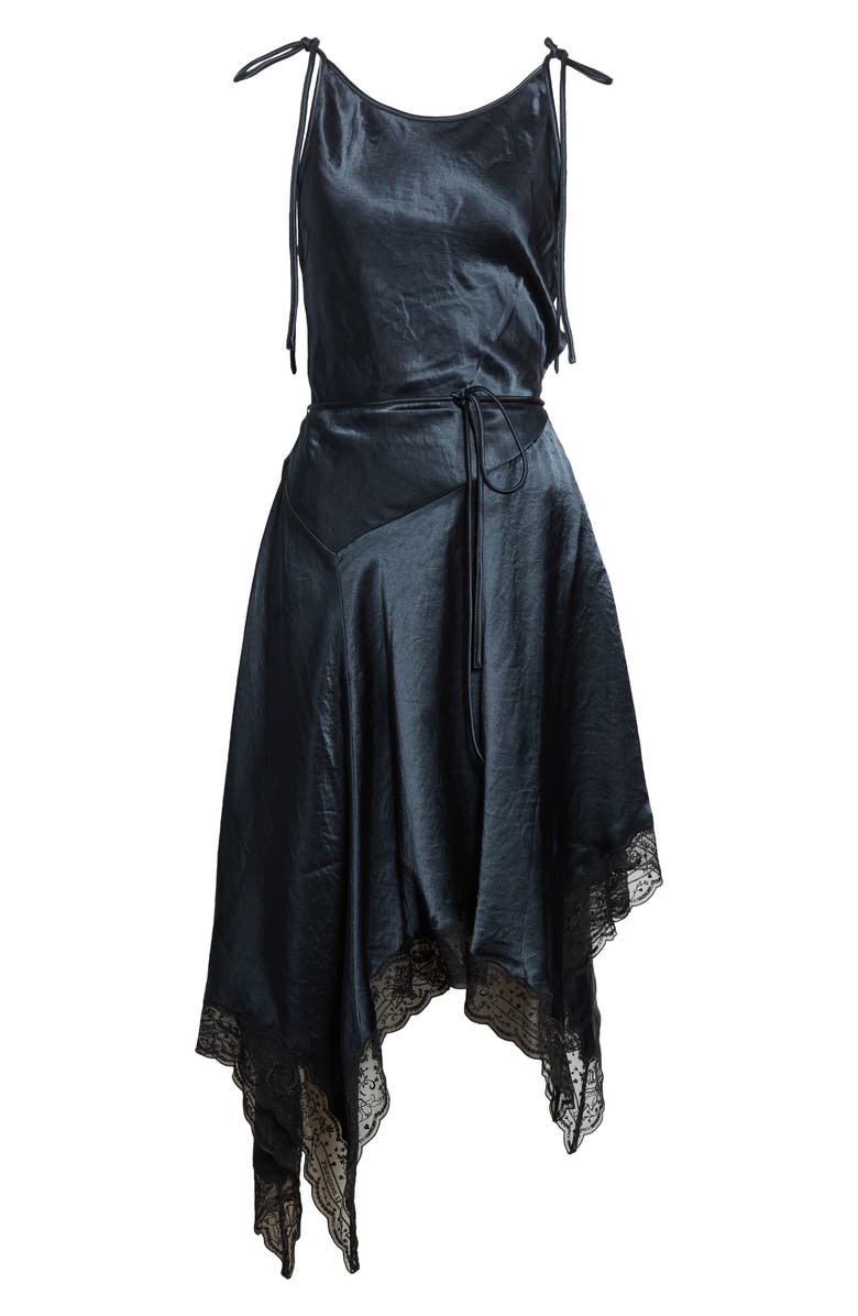 Acne Studios Doyla Lace Trim Crinkled Satin Asymmetric Dress, Alternate, color, Petrol Blue