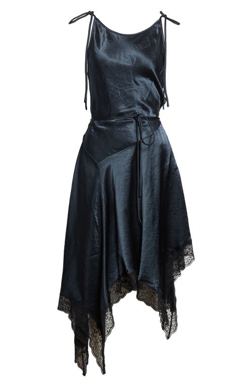 Acne Studios Womens Petrol Blue Asymmetric Lace-trim Satin Midi Dress In Blue