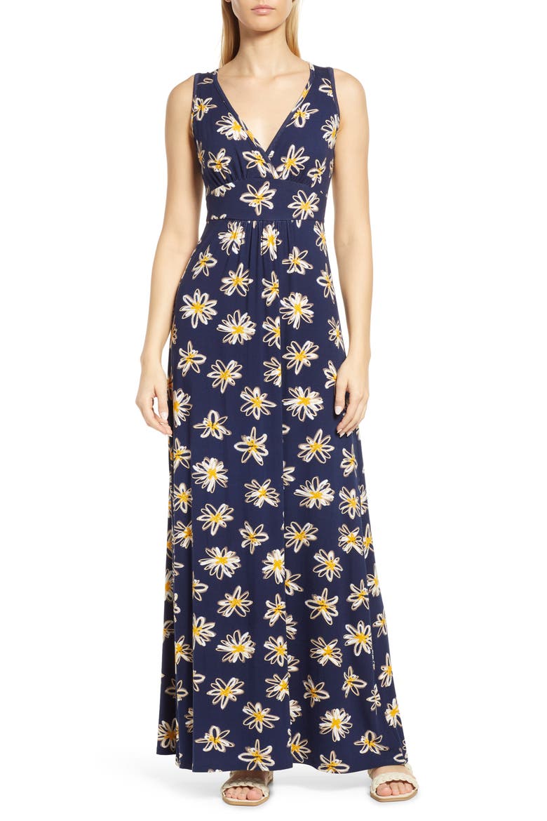 Floral Print Empire Waist Jersey Maxi Dress, Main, color, NAVY YELLOW
