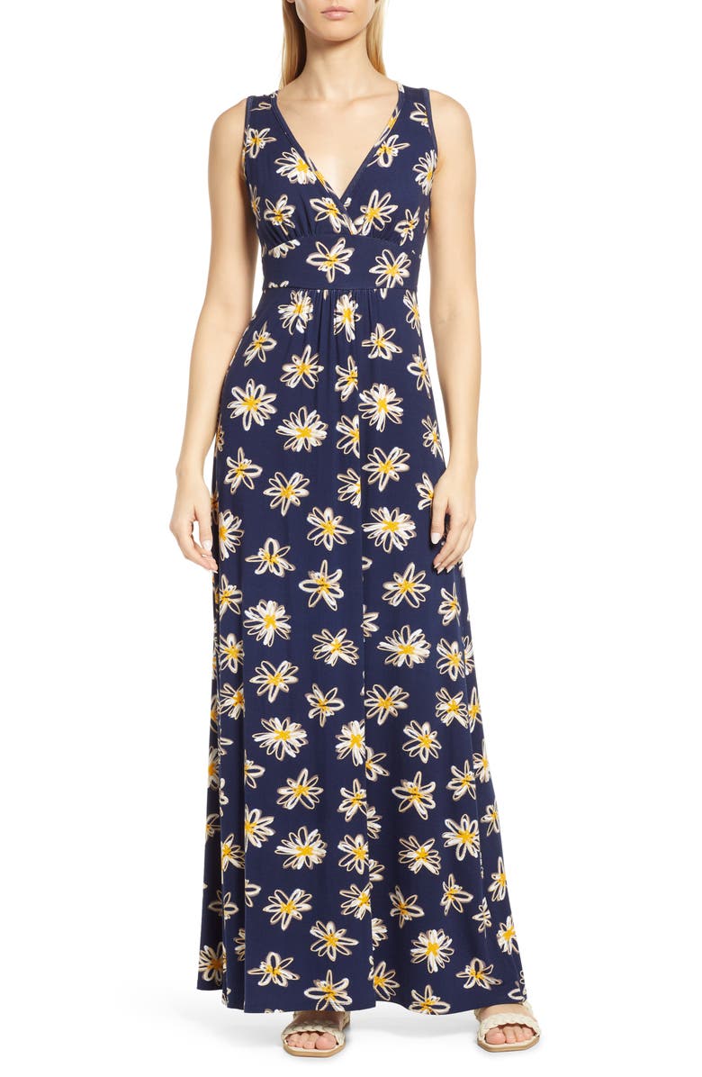 Loveappella Floral Print Empire Waist Jersey Maxi Dress, Main, color, Navy Yellow
