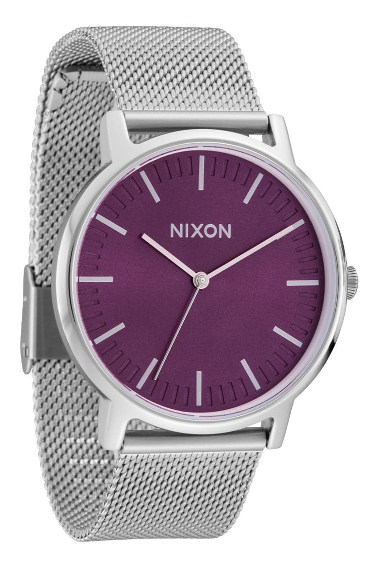 Porter Milanese Mesh Strap Watch, Alternate, color, SILVER / PURPLE SUNRAY