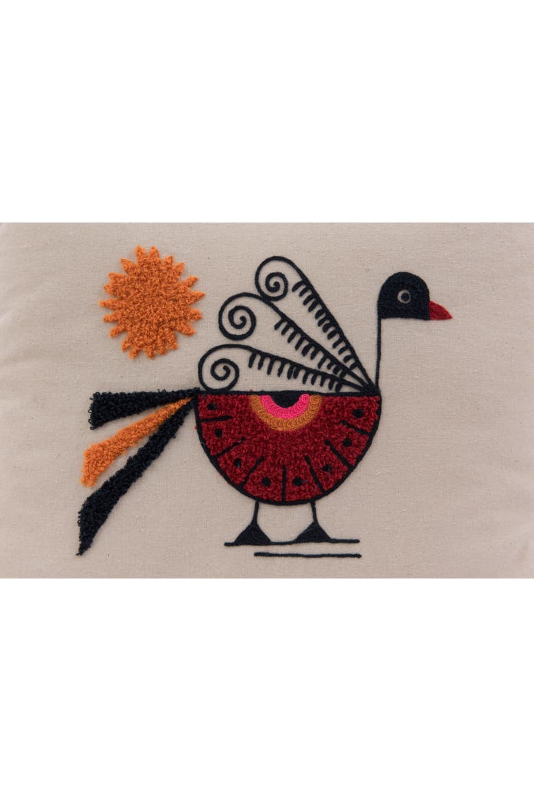 Square Cotton Pillow with Embroidered Peacock, Orange Sun & Corner Tassels, Alternate, color, White