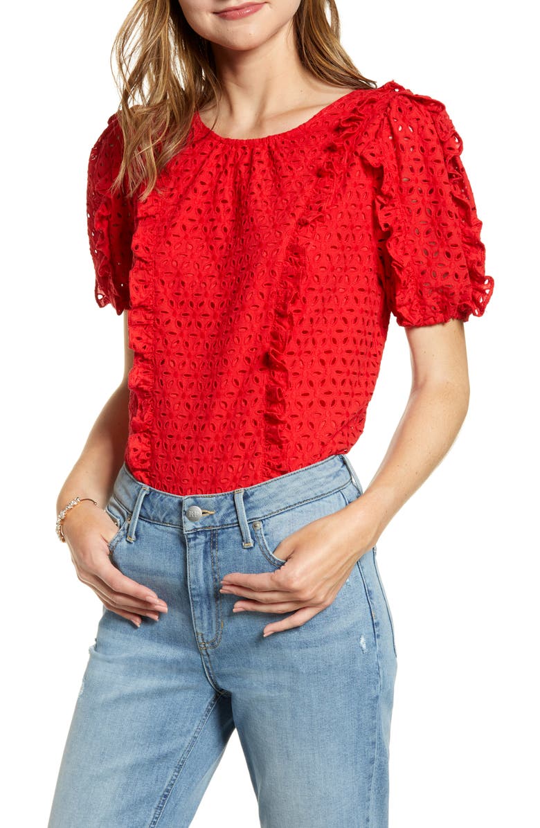 Rachel Parcell Ruffle Detail Cotton Eyelet Blouse, Main, color,