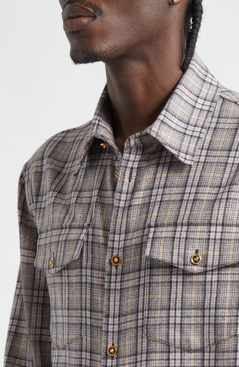 Versace Check Virgin Wool Flannel Button-Up Shirt, Alternate, color, Flowers Lavender Yellow