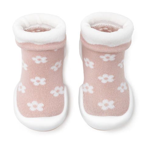 Baby Girl First Walk Sock Shoes Daisies - Mauve