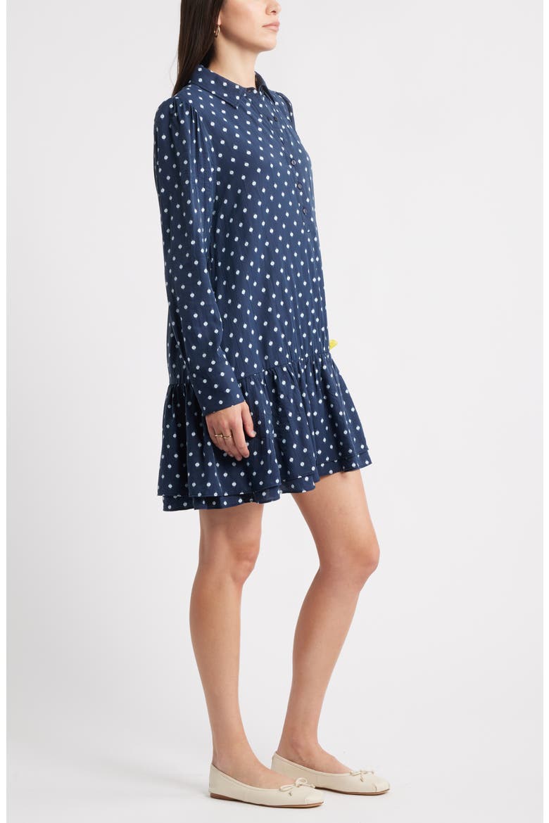 Flounce Hem Long Sleeve Mini Shirtdress, Alternate, color, NAVY- IVORY MOCK DOT