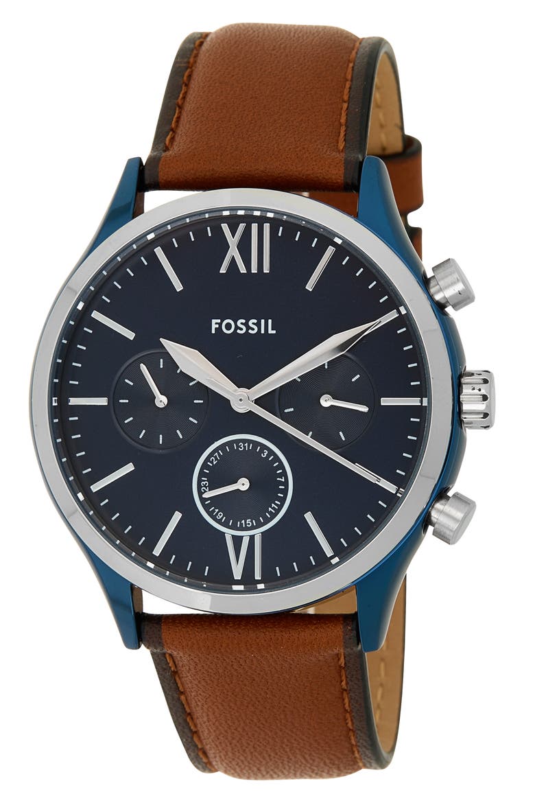 Men's Fenmore Midsize Multifunction Luggage Leather Watch, 44mm, Main, color, BROWN