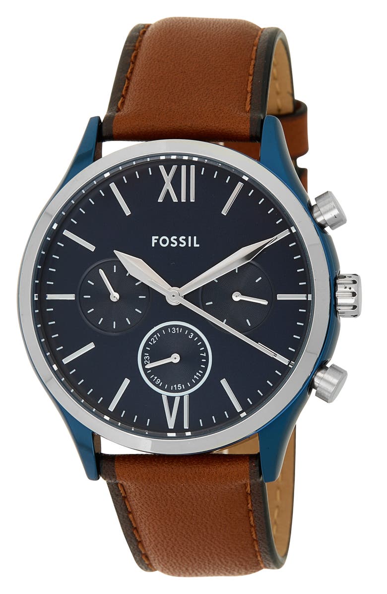 Fossil Men's Fenmore Midsize Multifunction Luggage Leather Watch, 44mm, Main, color, Brown
