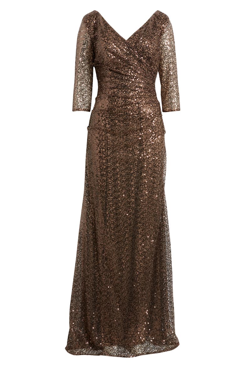 Three-Quarter Sleeve Sequin Dress with Ruching, Alternate, color, BRONZE