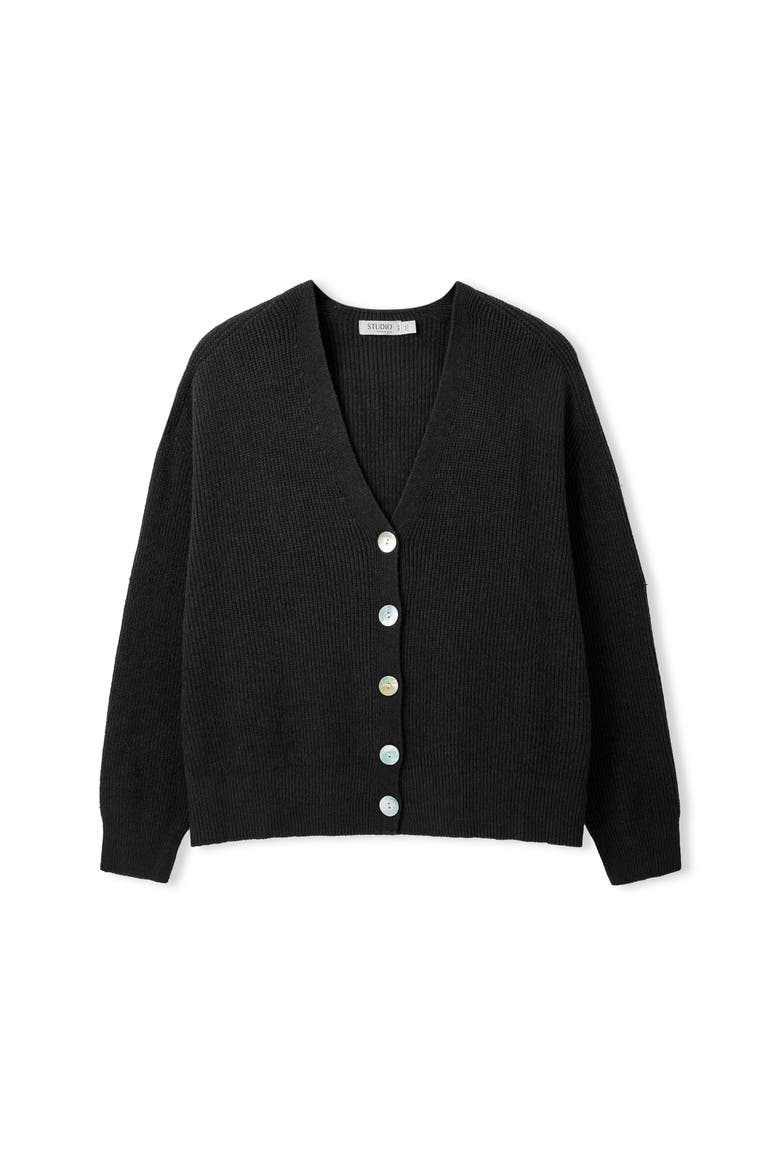Slouchy Ribbed V-Neck Cardigan, Alternate, color, Black