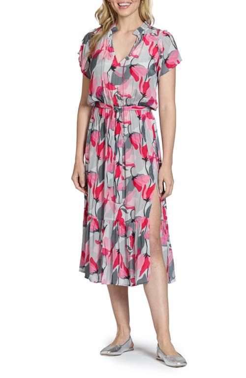 Apny Print Short Sleeve Midi Dress In Pink Multi