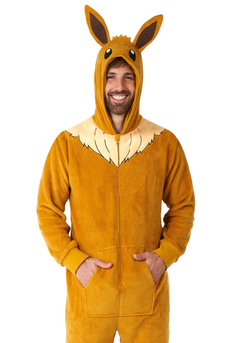 Pokémon™ Eevee Hooded Long Sleeve Fleece Jumpsuit, Alternate, color, BEIGE
