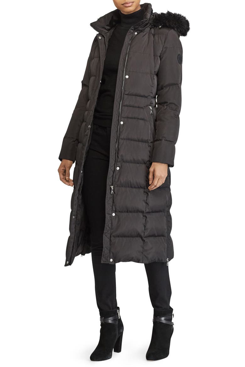Faux Fur Trim Down & Feather Fill Maxi Coat, Main, color, BLACK