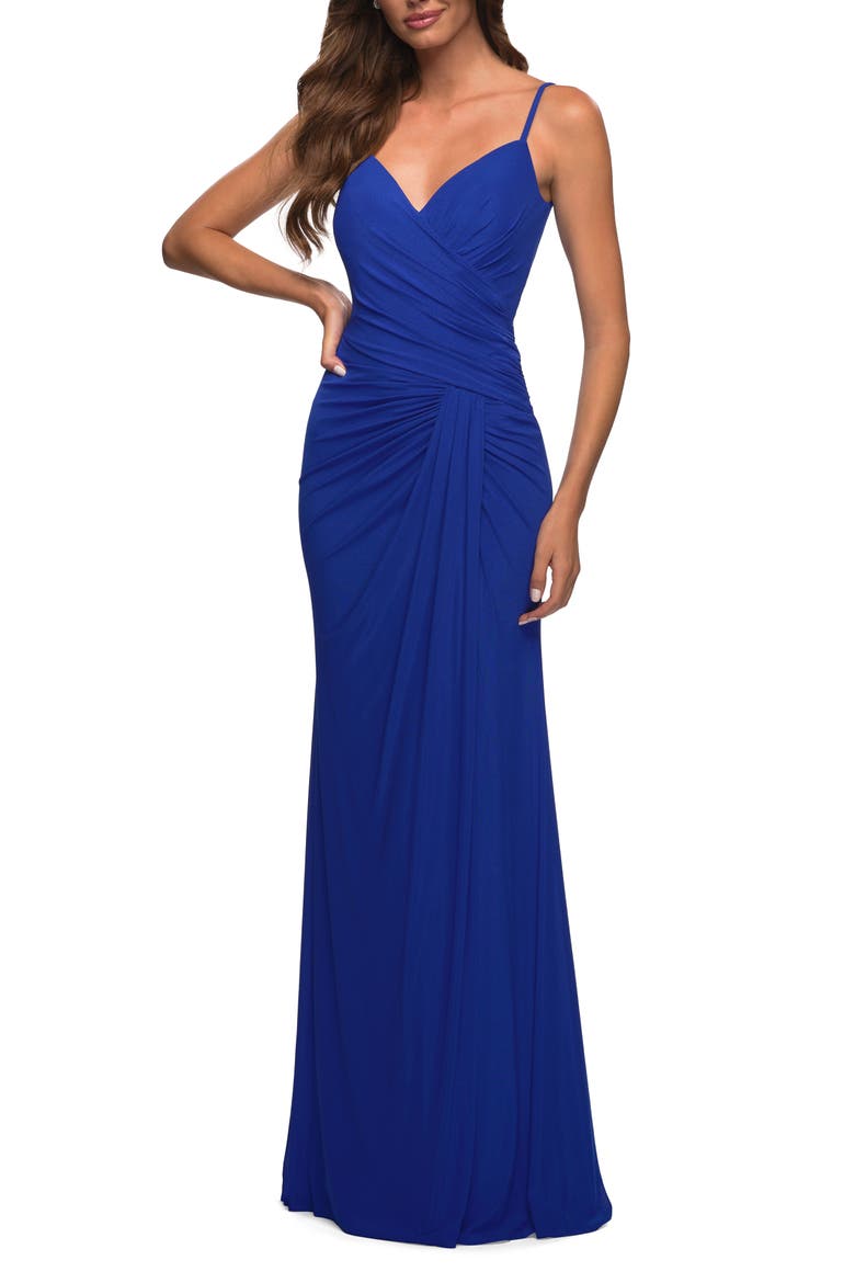 Net Jersey Long Ruched Gown with Slit and Open Back, Alternate, color, Royal Blue